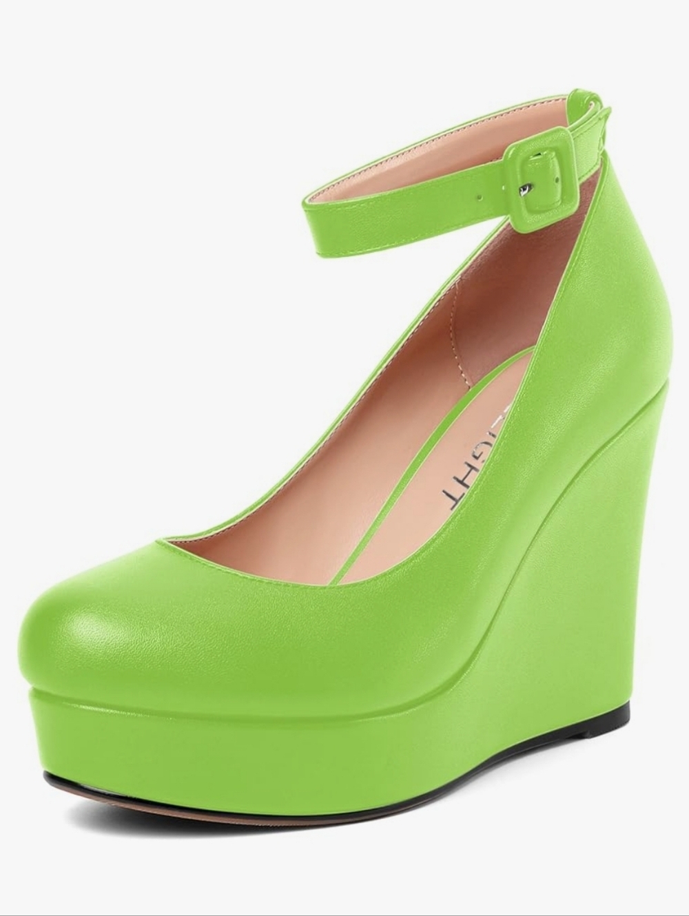 Ankle-Strap Platform Wedge Pumps in Lime Green
